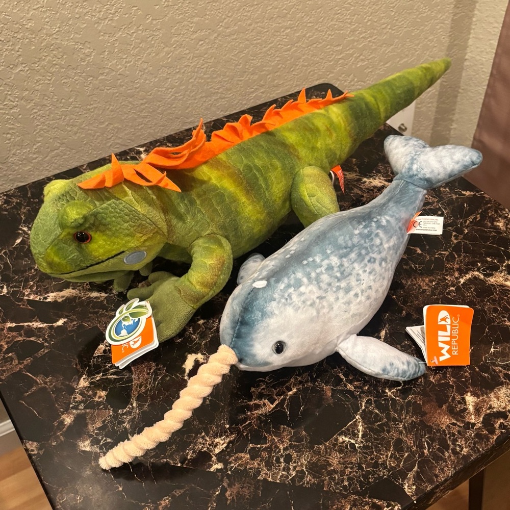 Wild Republic Iguana and Narwhal Plush Toys